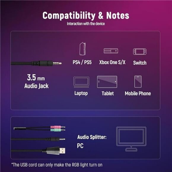 Gaming Headset PS5 Xbox PC 7.1 Surround Sound Noise Cancelling Mic RGB Light - Picture 6 of 7